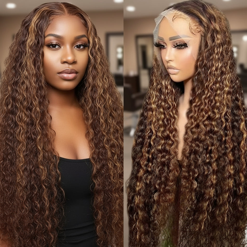 Two views of a mannequin head and a model wearing the NuHaire Honey Blonde Piano Highlight wig, featuring honey blonde highlights, premium human hair quality, a 13x4 transparent lace front, and flowing deep curly waves.