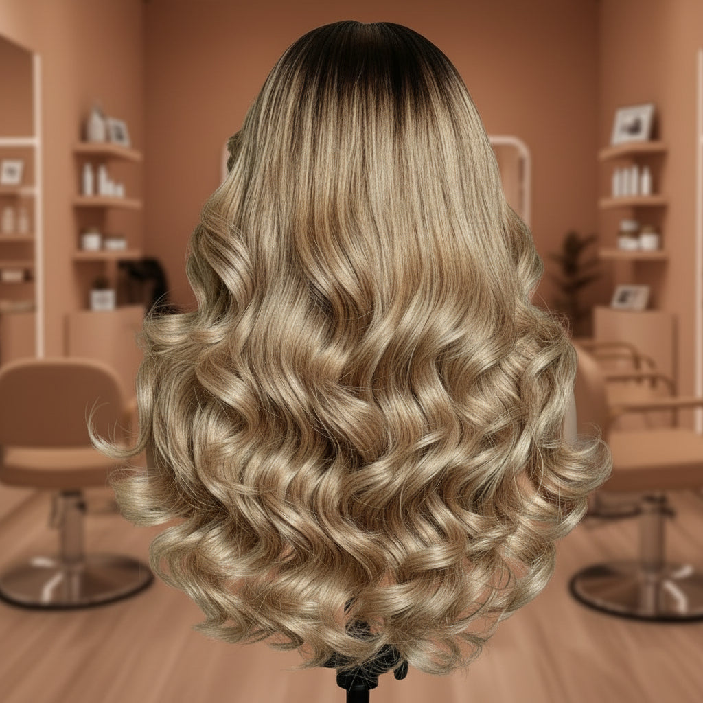 Back Angle of A mannequin displays NuHaire's Rooted Ash Blonde Balayage| 13x4 Body Wave, featuring a dark root that transitions to ash blonde highlights. This high-quality human hair wig offers a full 250% density, body wave texture, 13x4 lace front, and a transparent lace for a natural hairline