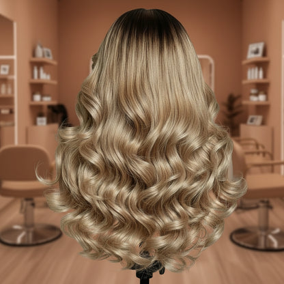 Back Angle of A mannequin displays NuHaire's Rooted Ash Blonde Balayage| 13x4 Body Wave, featuring a dark root that transitions to ash blonde highlights. This high-quality human hair wig offers a full 250% density, body wave texture, 13x4 lace front, and a transparent lace for a natural hairline