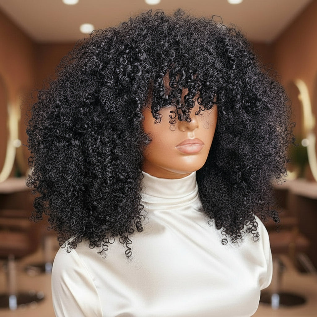 Different angle of a Mannequin head showcasing the NuHaire 12A Grade Glueless Machine Made Afro Kinky Curly Wig with Bang, featuring a natural black color, premium high quality grade human hair, glueless installation, kinky curly texture, and bangs.