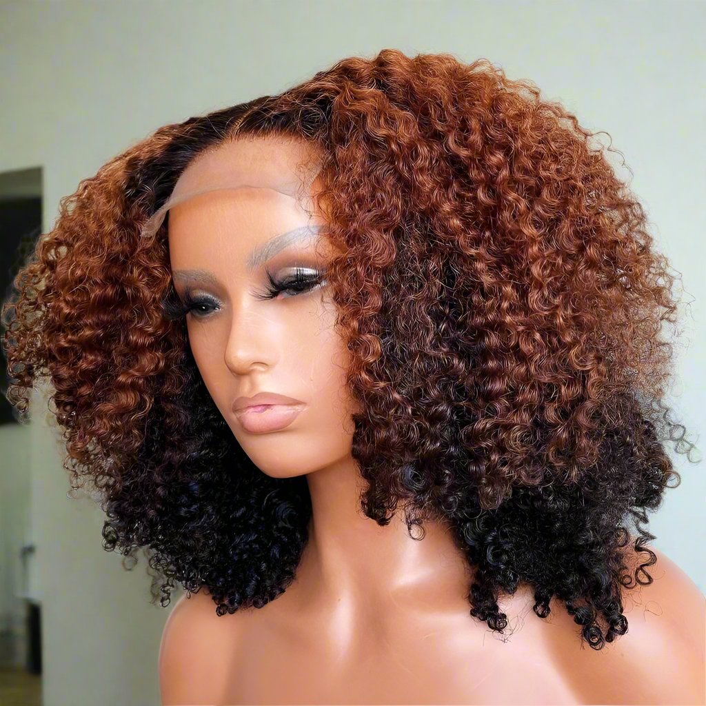 Ombre Auburn 1B/30 Afro Kinky Curly Human Hair Transparent Lace Wig