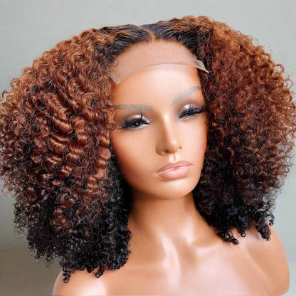 Ombre Auburn 1B/30 Afro Kinky Curly Human Hair Transparent Lace Wig