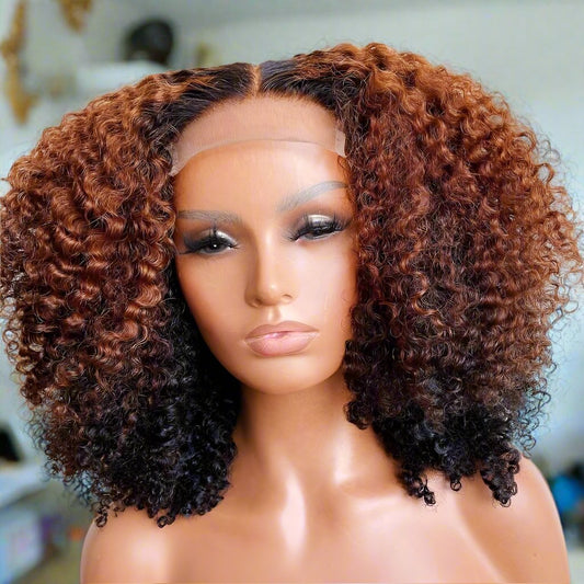 Ombre Auburn 1B/30 Afro Kinky Curly Human Hair Transparent Lace Wig