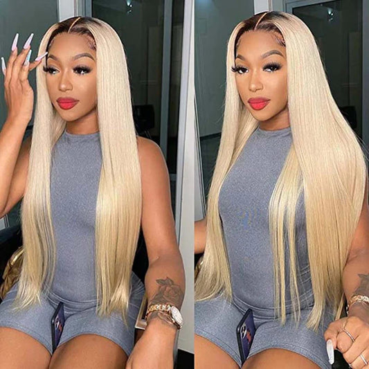 1B/ 613 Blonde Ombre Straight Lace Front Wig with Dark Roots 250%