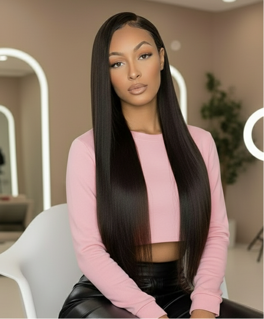Two views of a Mannequin head and a Model wearing the NuHaire Full Density 13x4 Straight Lace Front Wig, which features a natural black color, premium human hair quality, and a lace front for a natural-looking hairline.