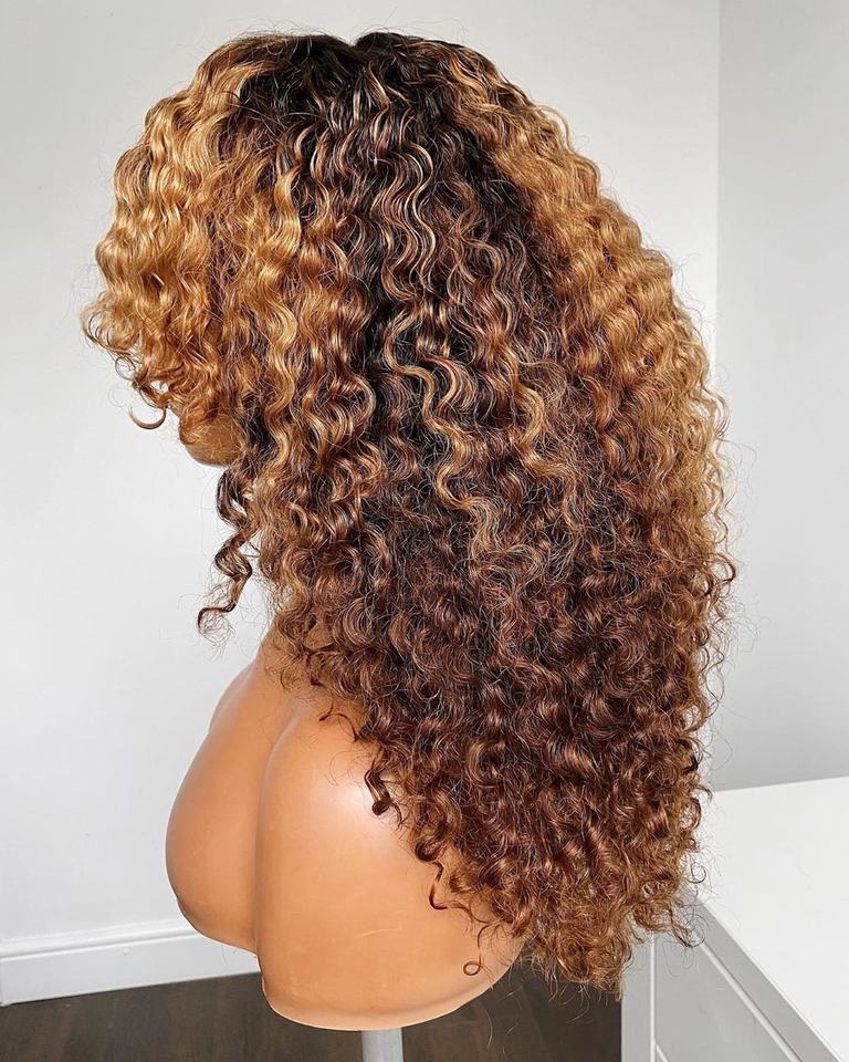 High Density Honey Blonde Ombre Afro Kinky Curly Wig With Bangs