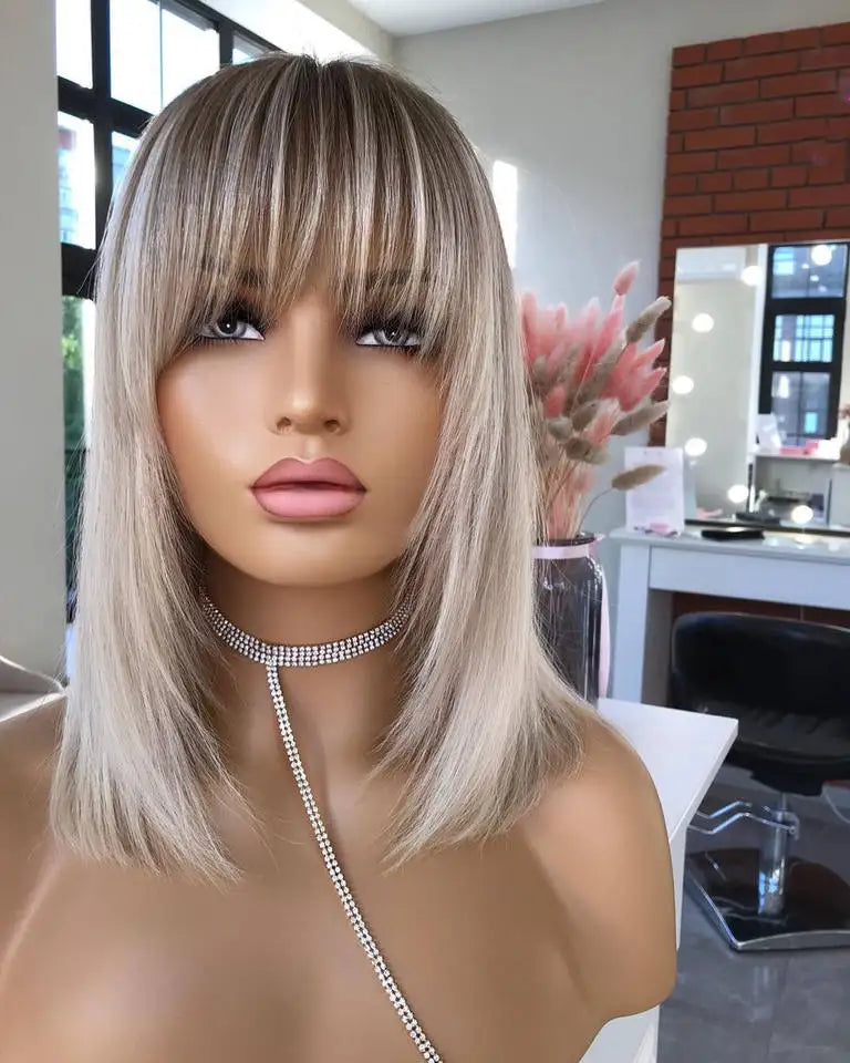 Short Straight Ash Blonde Highlight Human Hair Bob Wig with Bangs