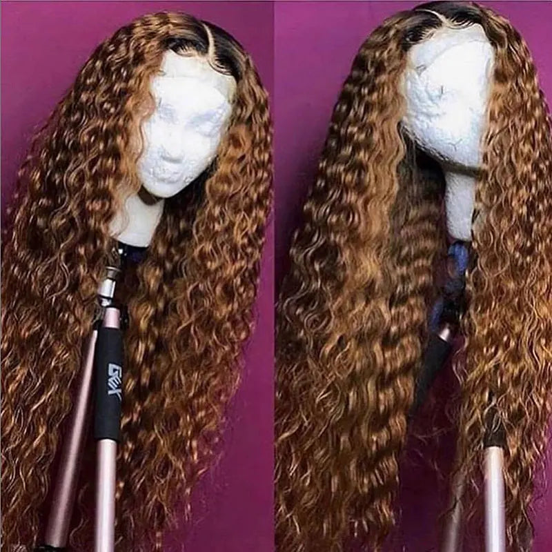 T-part 1B/30 Ombre Deep Curly Lace Front Human Hair Wig