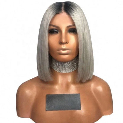 Short Grey Ash Blonde Dark Root 13x6 Lace Front Human Hair Wig