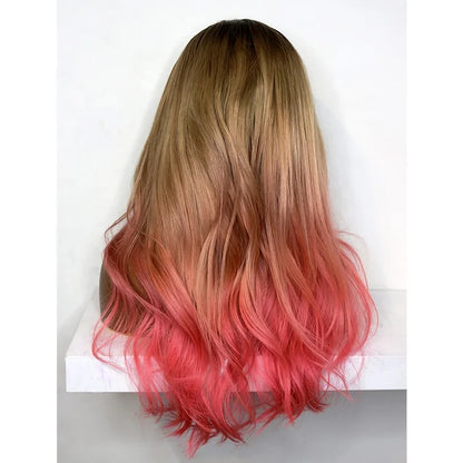 Ombre Honey Brown Pink Wavy Lace Front Human Hair Wig
