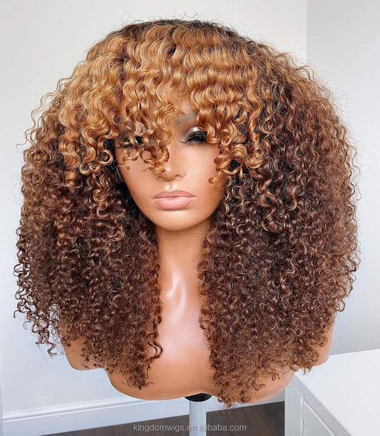 High Density Honey Blonde Ombre Afro Kinky Curly Wig With Bangs