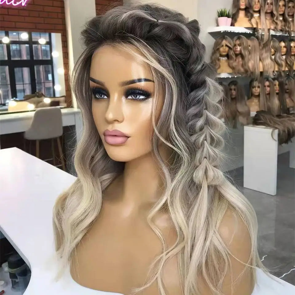 Balayage Ash Blonde Natural Wave 13x4 Lace Front Human Hair Wig