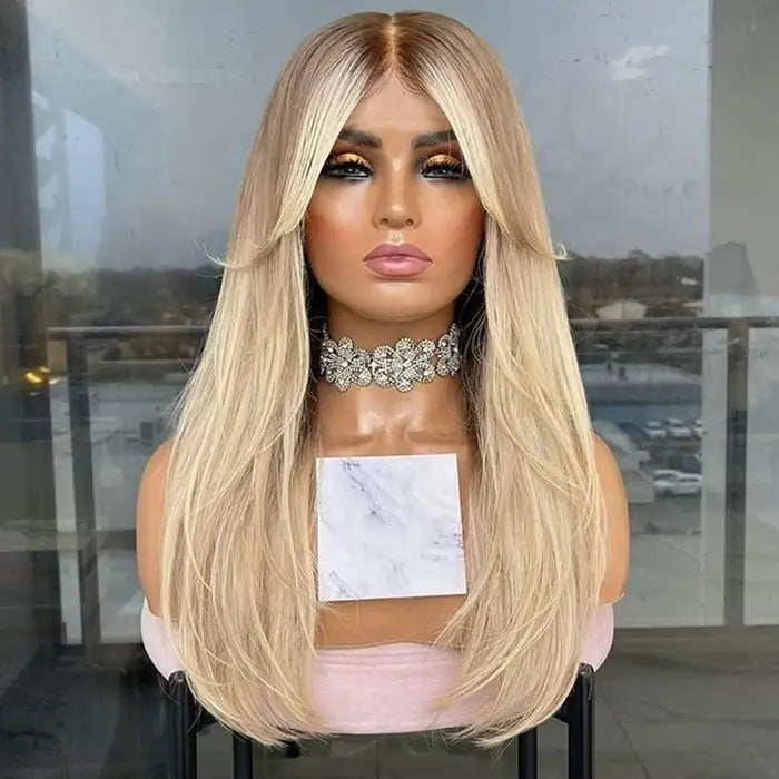 Ash Blonde Highlight Straight Lace Front Human Hair Wig with Bangs