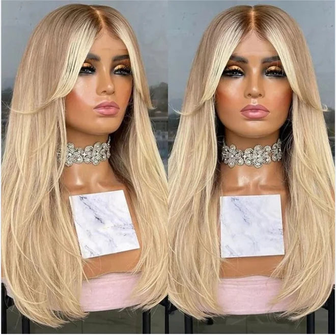 Ash Blonde Highlight Straight Lace Front Human Hair Wig with Bangs