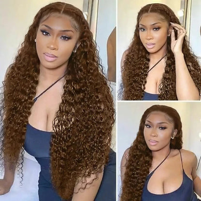 A series of three images featuring a woman wearing NuHaire's long length, chocolate brown deep curly human hair wig with a lace front. The wig boasts a 13x4 lace front design, a high density of 250%, styling versatility, and a natural-looking hairline.