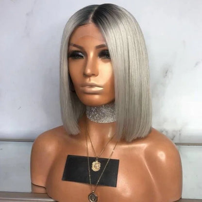 Short Grey Ash Blonde Dark Root 13x6 Lace Front Human Hair Wig
