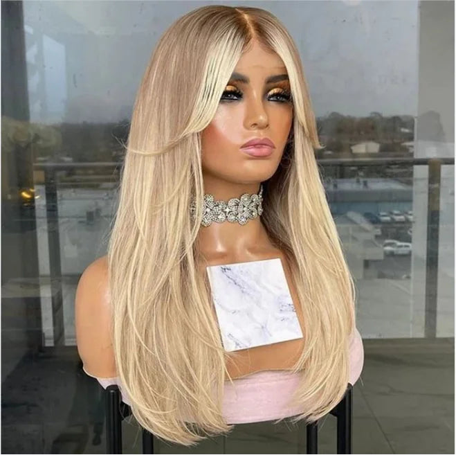 Ash Blonde Highlight Straight Lace Front Human Hair Wig with Bangs