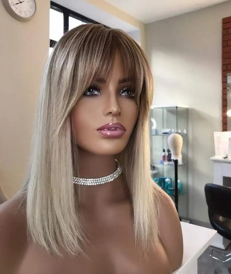 Short Straight Ash Blonde Highlight Human Hair Bob Wig with Bangs