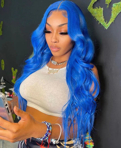 A person wearing a NuHaire sky blue human hair wig with a 13x4 transparent lace front, showcasing a pre-plucked natural hairline, 