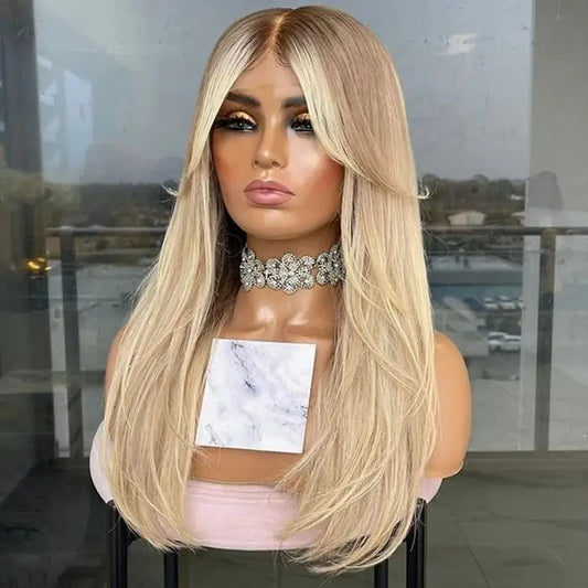 Ash Blonde Highlight Straight Lace Front Human Hair Wig with Bangs