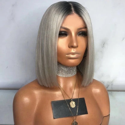 Short Grey Ash Blonde Dark Root 13x6 Lace Front Human Hair Wig
