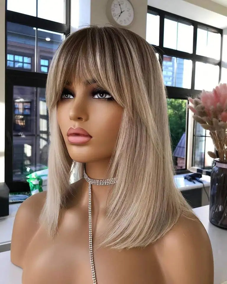 Short Straight Ash Blonde Highlight Human Hair Bob Wig with Bangs