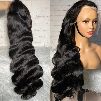 Two-part image of a 13x4 HD transparent lace front Brazilian human hair wig displayed on a mannequin and a hand holding the wig showcasing the natural 180% density, rich black color, Brazilian body wave texture, natural hairline, realistic scalp, and styling versatility.