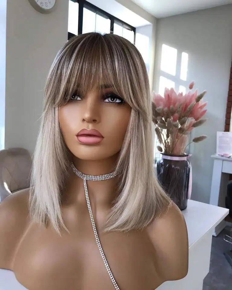 Short Straight Ash Blonde Highlight Human Hair Bob Wig with Bangs