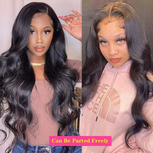 Two models featuring NuHaire's Raw Human Hair Body Wave Wig, showcasing a flawless natural black color, premium raw unprocessed human hair quality, 5x5 HD Lace Closure, natural hairline, and body wave texture.