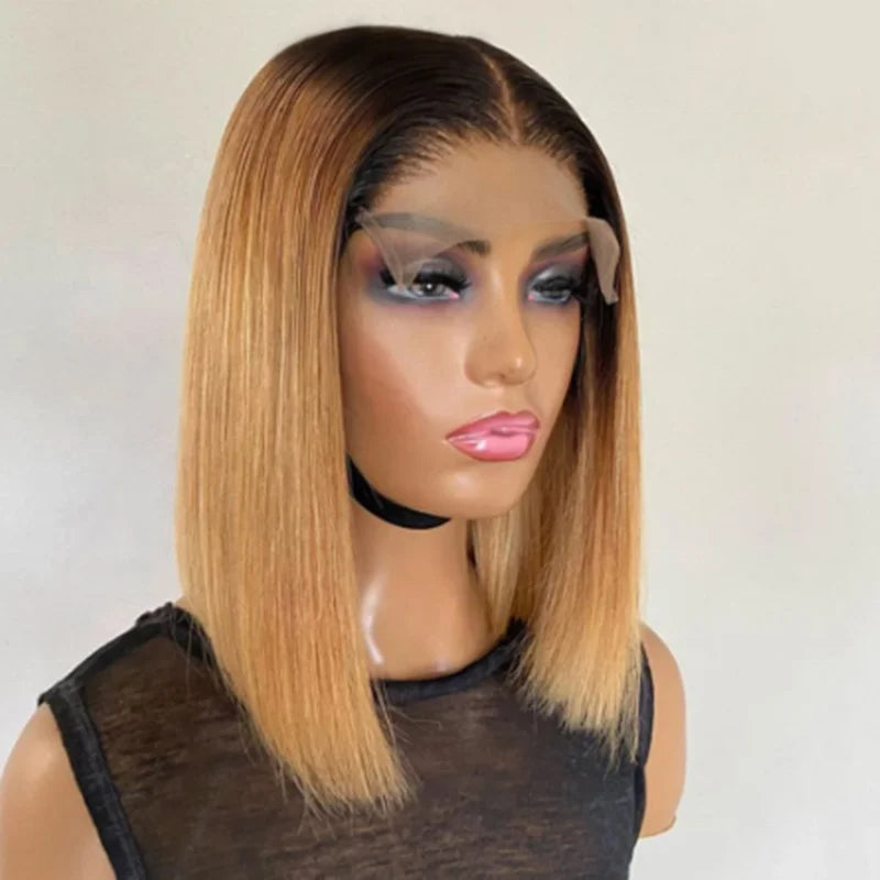 Straight Honey Blonde Ombre Transparent Lace Human Hair Bob Wig