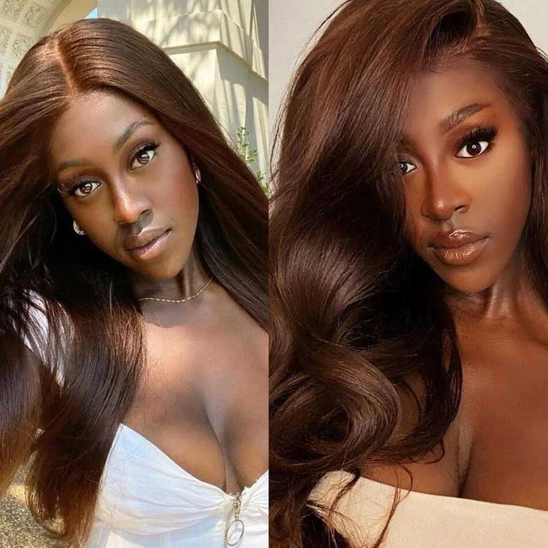 Dark Brown Bone Straight Double Drawn Lace Closure Human Hair Wig