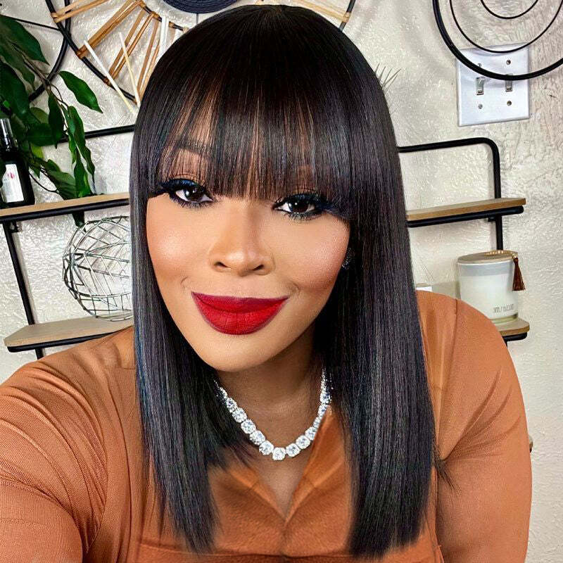 12A Grade True Scalp Silky Straight Double Drawn Bob Wig With Bangs