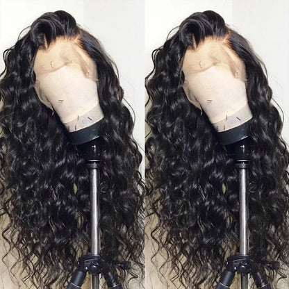 Side by side image of a 13x4 Transparent lace front human hair water wave wig displayed on a mannequin head showing a premium natural hairline, water wave texture, and a realistic scalp