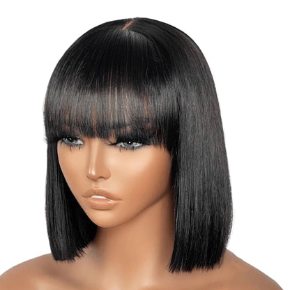 Yaki Straight Human Hair Bob With Bangs - 100% Virgin Human Hair