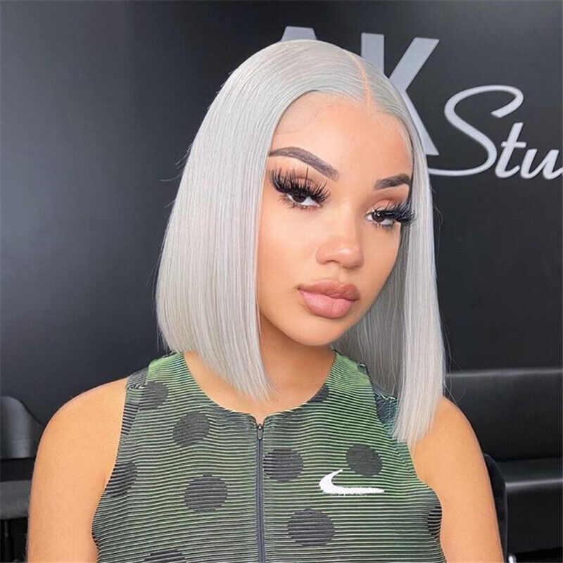 High 250 Density Silver Grey Straight Lace Front Double Drawn Bob Wig