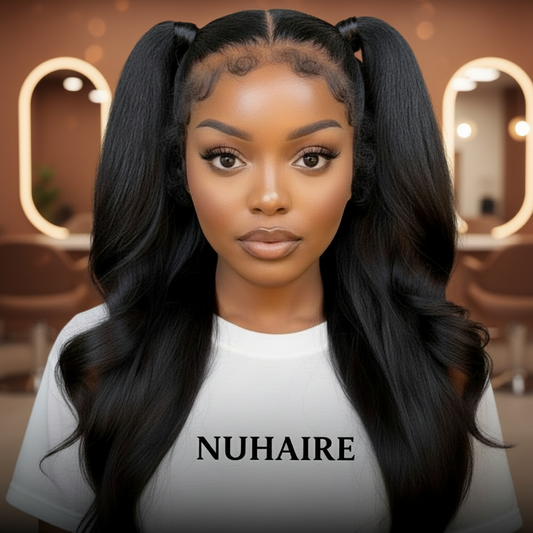 Front view of a Model showcasing NuHaire's 4C Edge Hairline Kinky Straight Lace Front Human Hair Wig, featuring a natural black color, premium human hair, flowing kinky straight texture, a 4C hair texture hairline, and a 13x4 HD Lace Front.