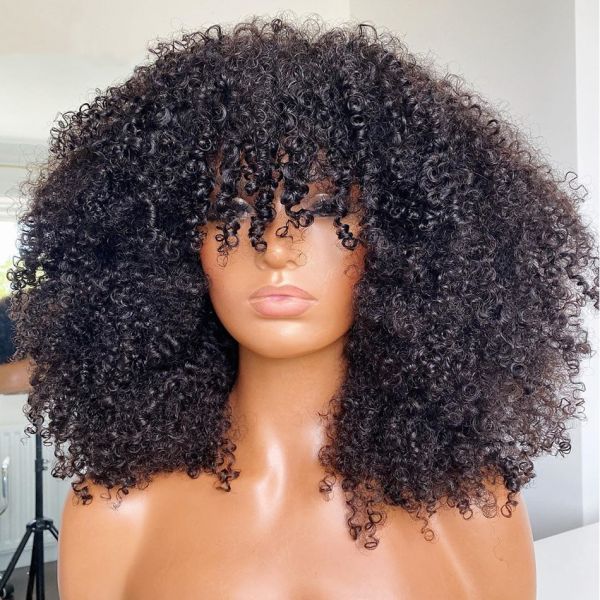 Glueless Machine Made Afro Kinky Curly Wig with Bang