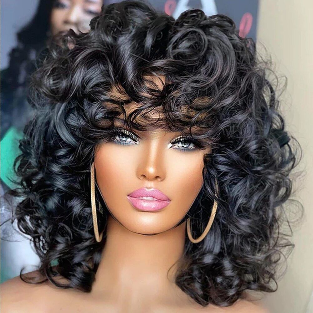 Short Bouncy Curly Wig with Bangs