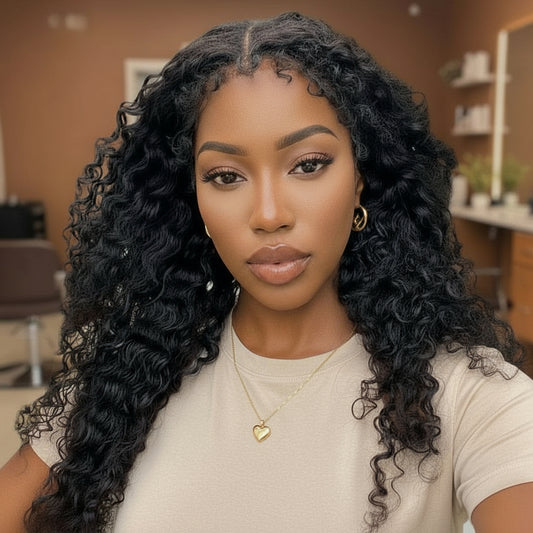 Model showcases NuHaire's 4C Hairline Kinky Curly Lace Front Human Hair Wig, featuring a natural black color and flowing kinky curly texture, with a 4C hair texture hairline made of premium human hair.